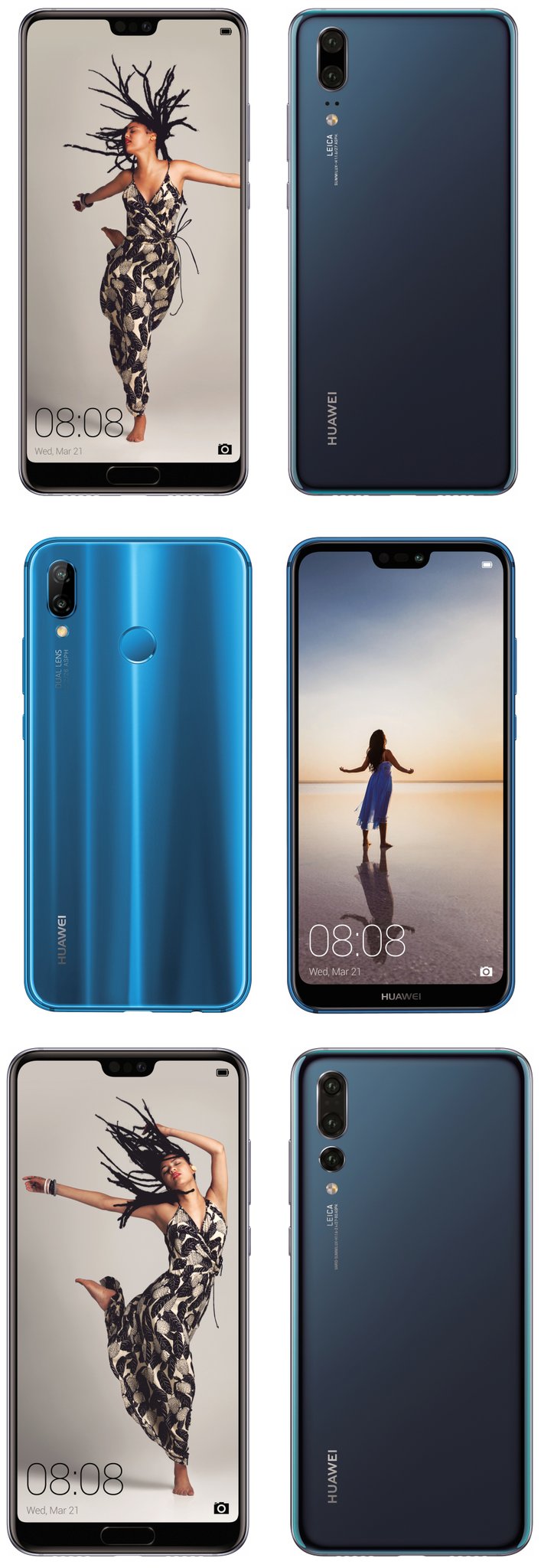 Huawei P20 top, P20 Lite middle and P20 Pro bottom. (Source: Evan Blass)