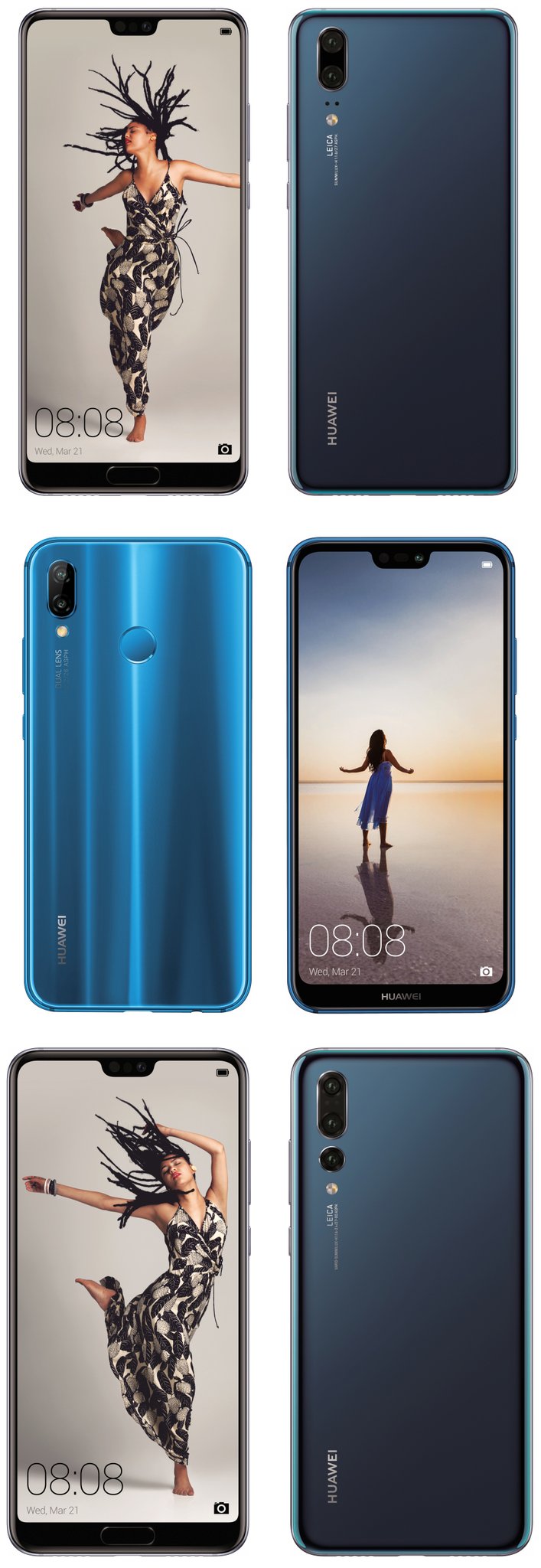 Huawei P20 top, P20 Lite middle and P20 Pro bottom. (Source: Evan Blass)