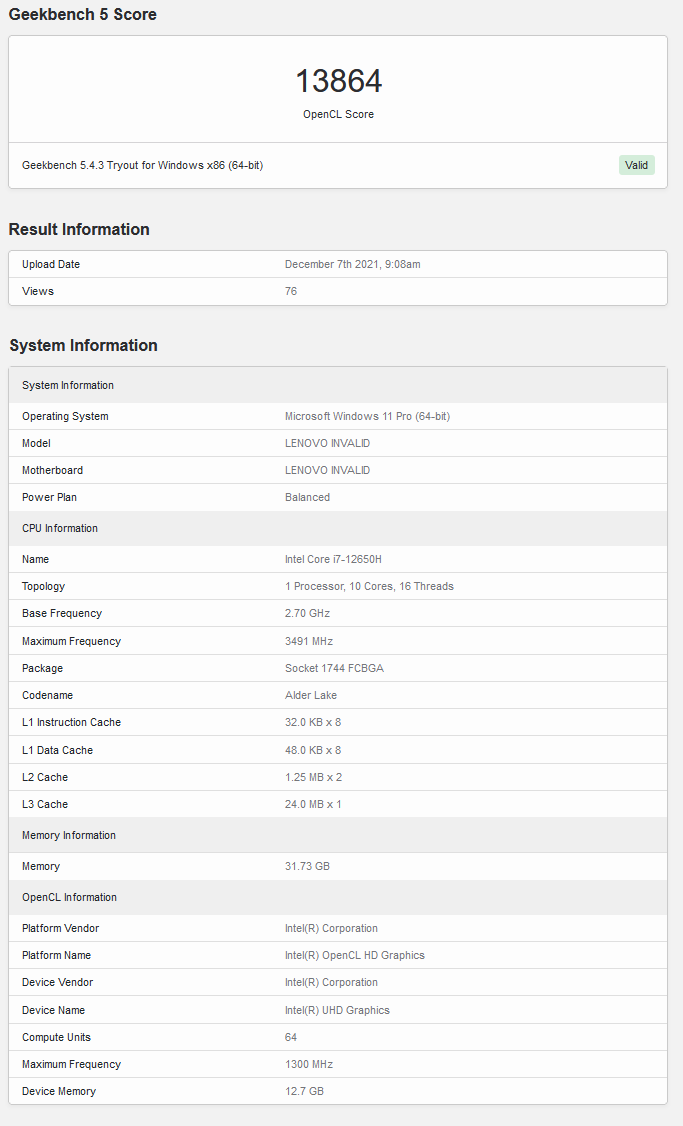 Intel Core i7-12650H on Geekbench (image via Geekbench)