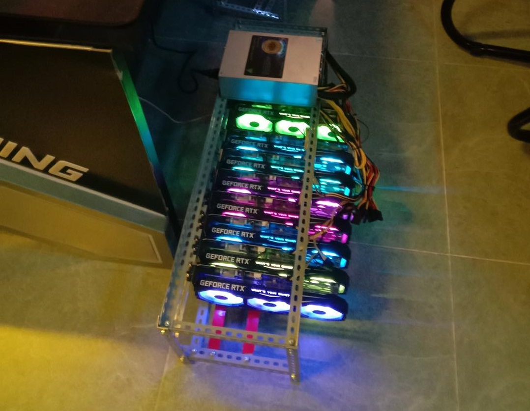 The photos show numerous NVIDIA GeForce RTX 3080 cards being used on a crypto mining farm