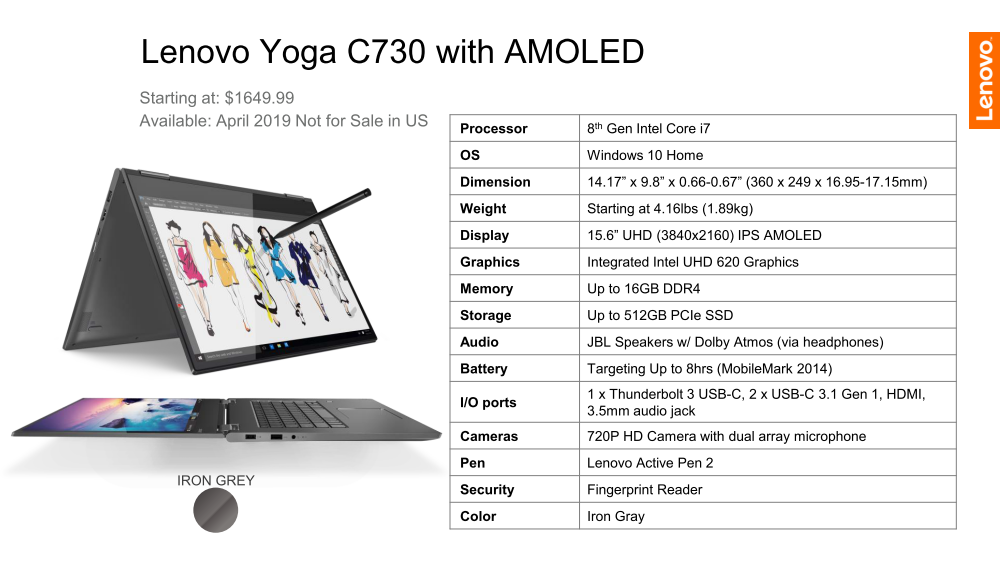 Lenovo Yoga C730 2 In 1 Will Have A 4k Uhd Oled Display For 1650 Usd Notebookcheck Net News