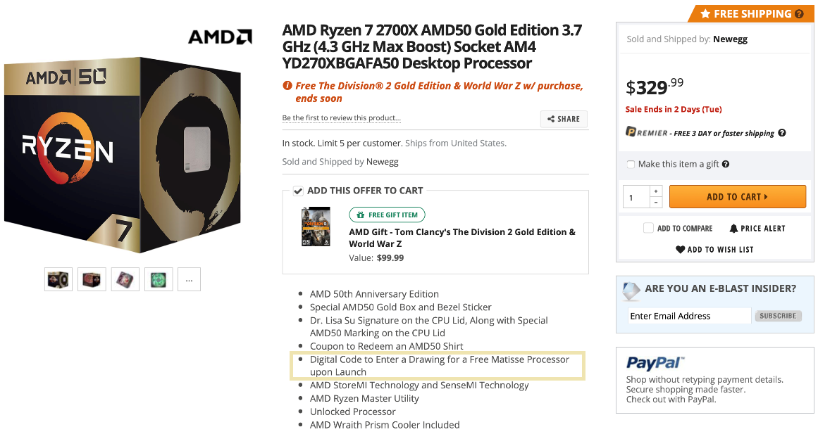 Happy 50th Anniversary, AMD: Matisse processor briefly mentioned on Newegg  as part of a prize draw News