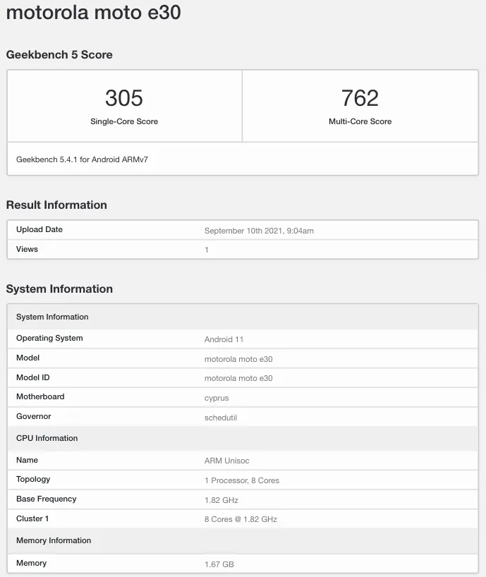 The "Moto E30" posts scores you might expect from its internals as listed. (Source: Geekbench via MySmartPrice)