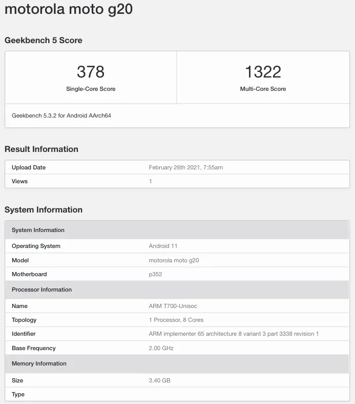 The "Moto G20" is also purported to run Android 11. (Source: Geekbench via MySmartPrice)