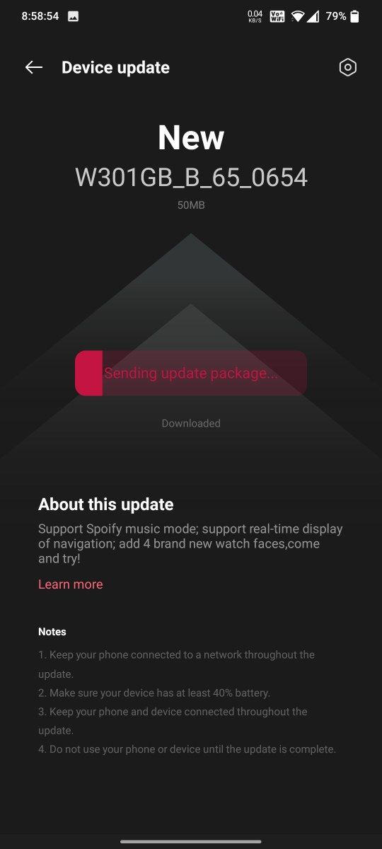 A screen for the latest OnePlus Watch update. (Source: OnePlus via XDA)