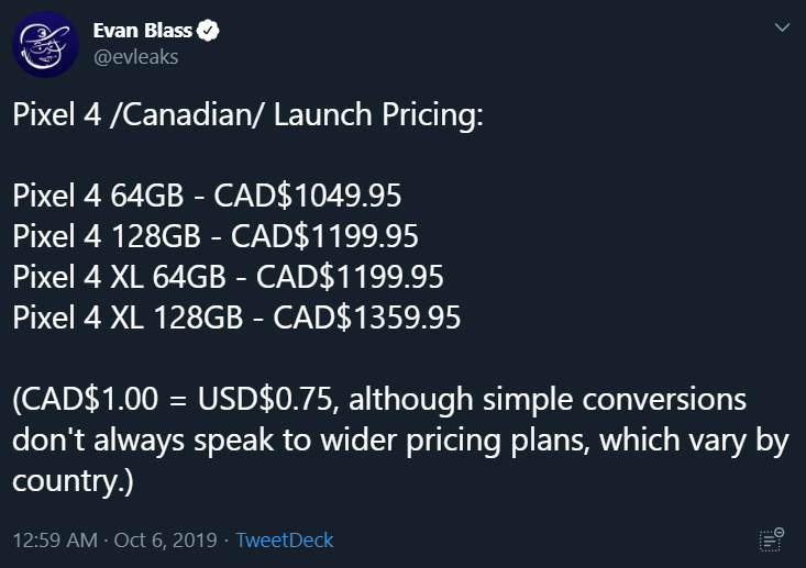 Prices for the Pixel 4 in Canada. (Image source: Evan Blass/MSPoweruser)