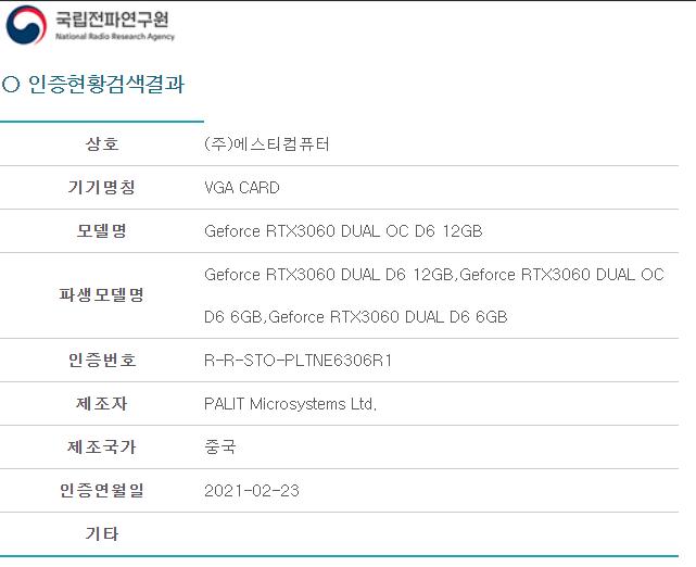 Nvidia Geforce RTX 3060 6GB variant on the South Korean National Radio Research Agency website (image via Harukaze5719 on Twitter)
