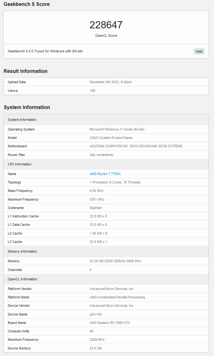 Updated AMD Radeon RX 7900 XTX OpenCL score (image via Geekbench)