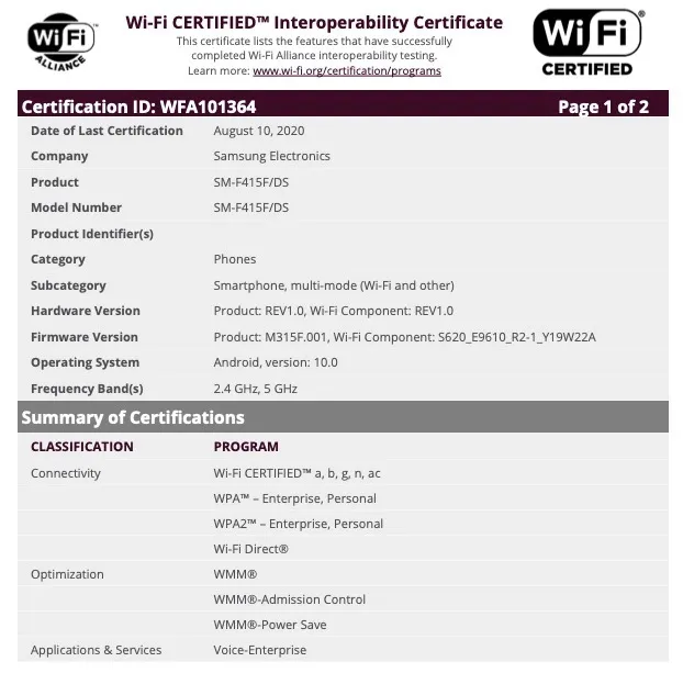 The SM-F415F/DS' Wi-Fi specs. (Source: Wi-Fi Alliance via MySmartPrice)