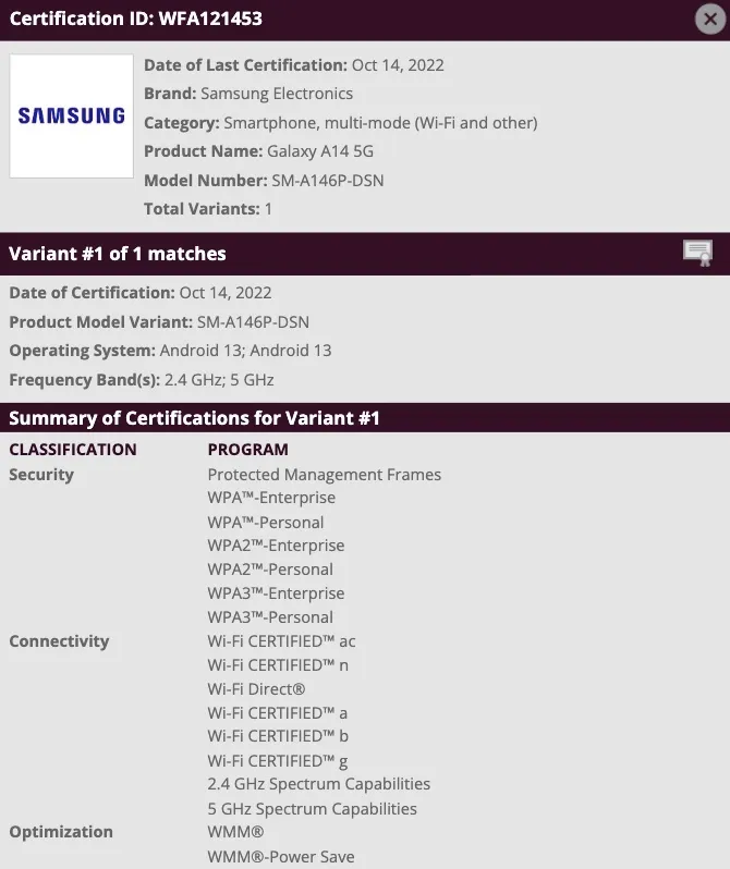 The Galaxy A14 5G skips a number of leak stages and proceeds directly to an official certification. (Source: Wi-Fi Alliance)