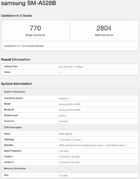 The "Galaxy A52s" on Geekbench. (Source: Geekbench via 91Mobiles)