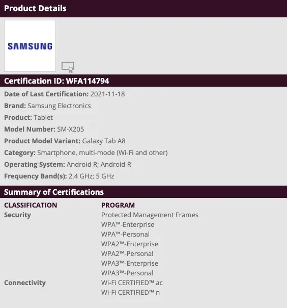 The Galaxy Tab A8 is certified to use Wi-Fi. (Source: Wi-Fi Alliance)
