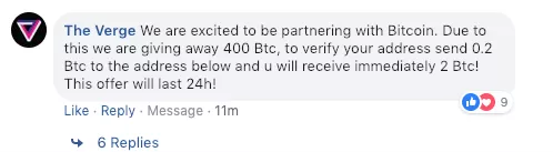 The comment posted to Facebook as part of the bitcoin scam. (Source: The Verge)