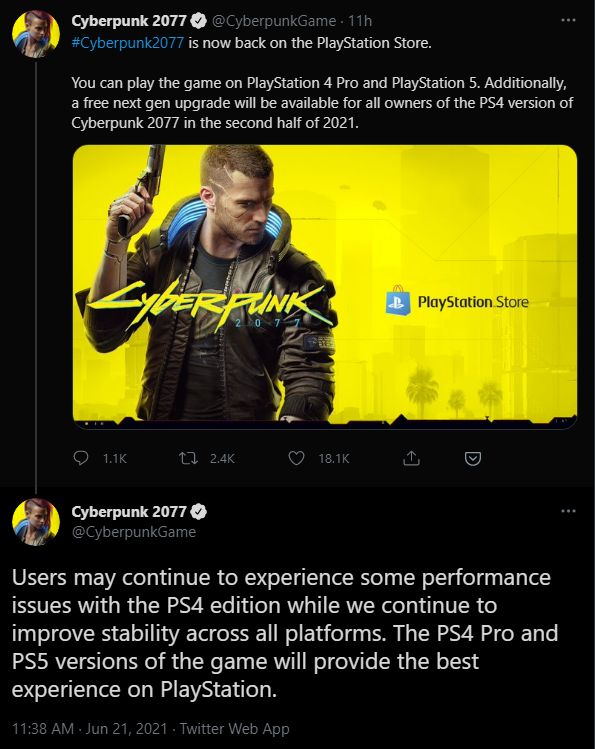 Cyberpunk 2077 Is Back in the PlayStation Store, But Playing on