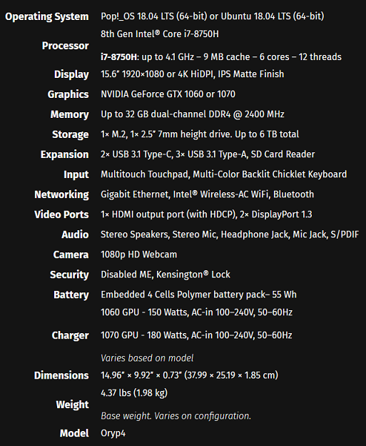 Oryx Pro specifications. (Source: System76)