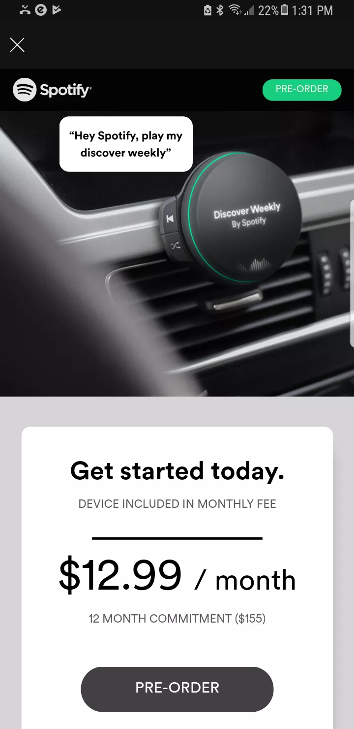 The pop-up advert that some Spotify customers received last year displaying some kind of in-car Spotify device (Image source: Reddit)