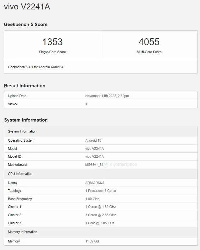 امتیاز مدیاتک Dimensity 9200 Geekbench (تصویر از طریق MySmartPrice)