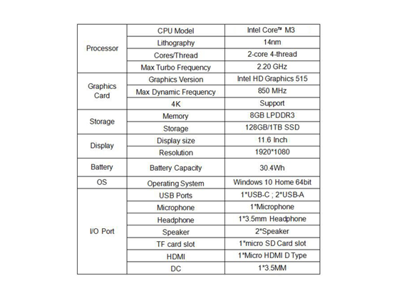Chuwi Ubook 2-in-1 specifications (Source: Chuwi)