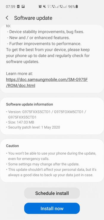 A new OTA screen for one of the Galaxy S10 units eligible for this new update at present. (Source: XDA)
