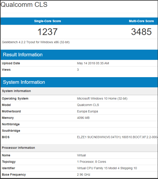 Geekbench entry for the new 'Qualcomm CLS' SoC. (Source: WinFuture.de)
