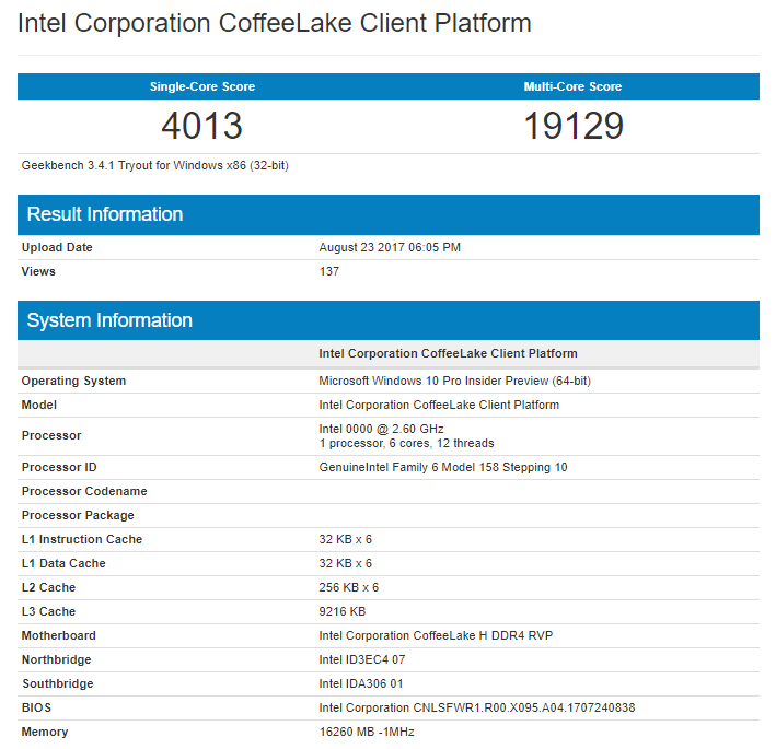 The new Coffee Lake 6-core CPU is around 40% faster than the i7-7700HQ in multi-core tests. (Source: GeekBench)