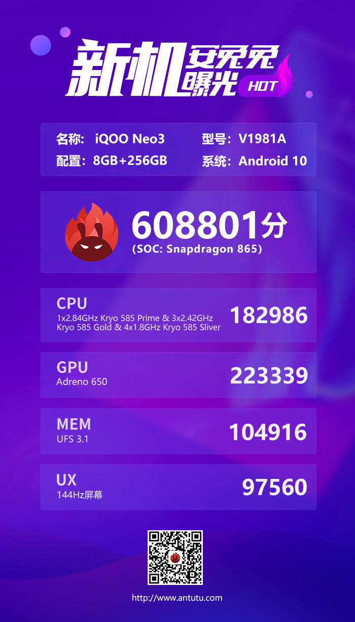 The iQOO Neo3's AnTuTu results. (Source: Weibo)