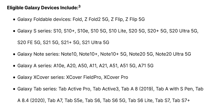 The list of Samsung smartphones that are eligible for four-year software support (image via Samsung)