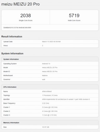 The "Meizu 20 and 20 Pro" pop up on Geekbench...