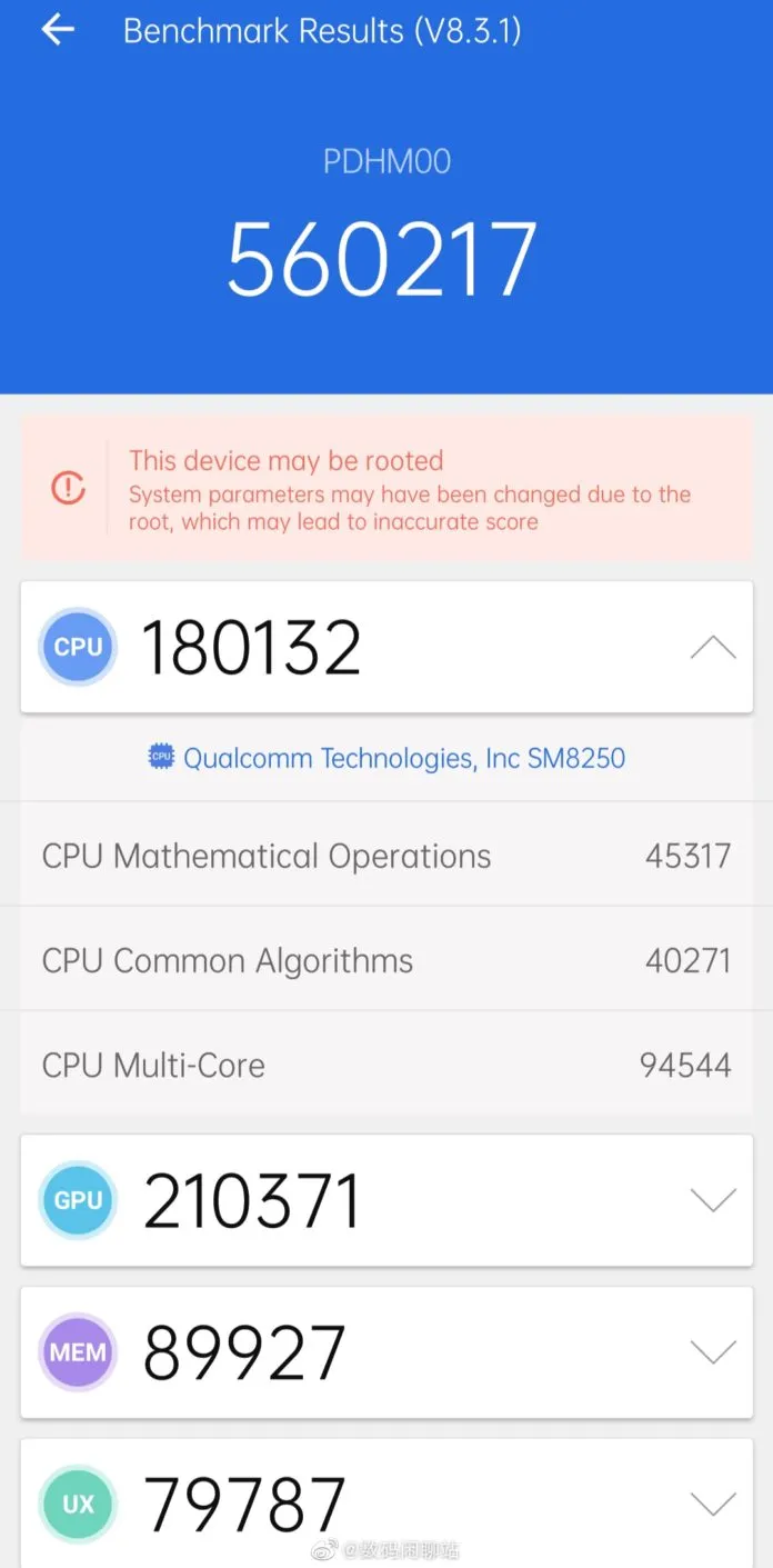 AnTuTu benchmarking results for the "Reno Ace 2". (Source: Weibo)