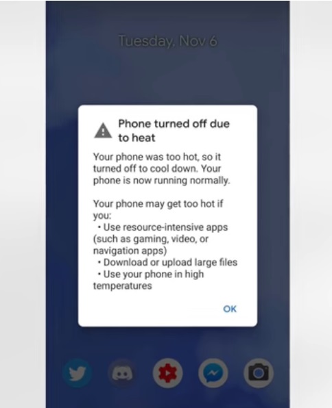 The warning message that may appear on a Pixel 3 phone following shutdown due to overheating. (Source: YouTube)