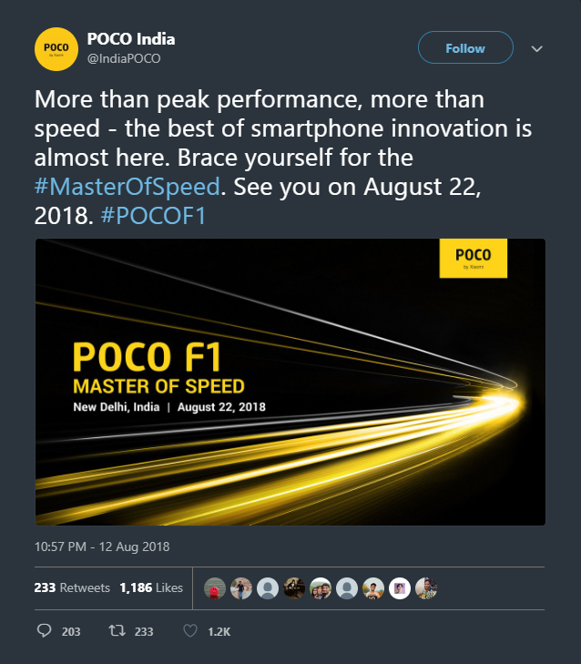 The Xiaomi Poco F1 will be unveiled in India on August 22. (Source: Poco India on Twitter)