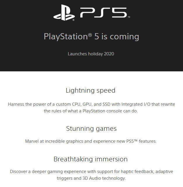 Updated PS5 landing page. (Image source: Sony)