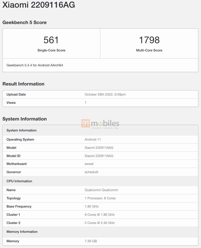 The "Note 11 Pro 2023" shows up on Geekbench. (Source: Geekbench via 91Mobiles)