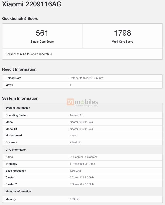 را "نوت 11 پرو 2023" در Geekbench نشان داده می شود.  (منبع: Geekbench via 91Mobiles)