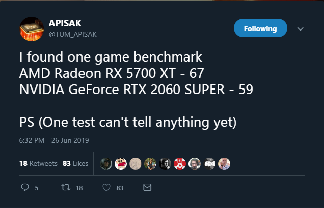 AMD Radeon RX 5700 XT vs the NVIDIA GeForce RTX 2060 Super. (Source: TUM_APISAK on Twitter)