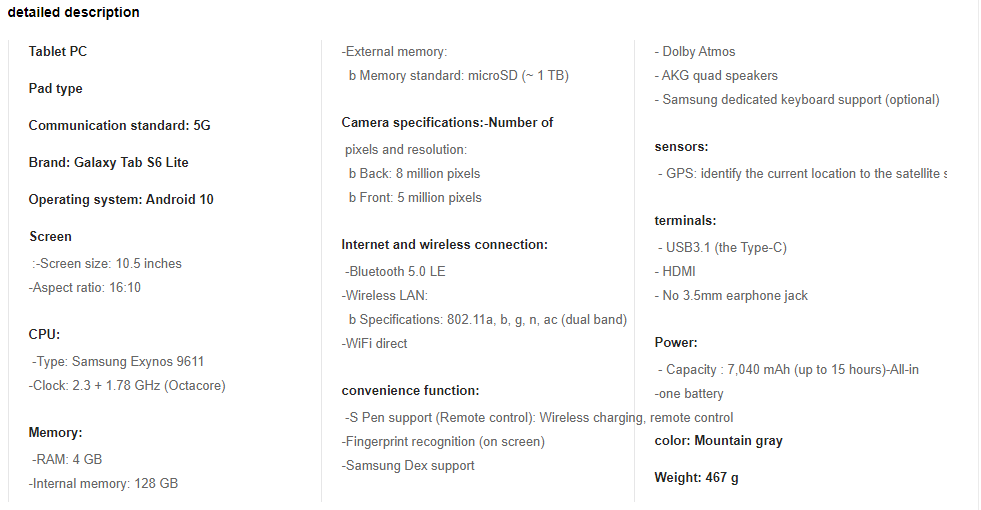 Samsung Galaxy Tab S6 Lite WiFi, View Specs
