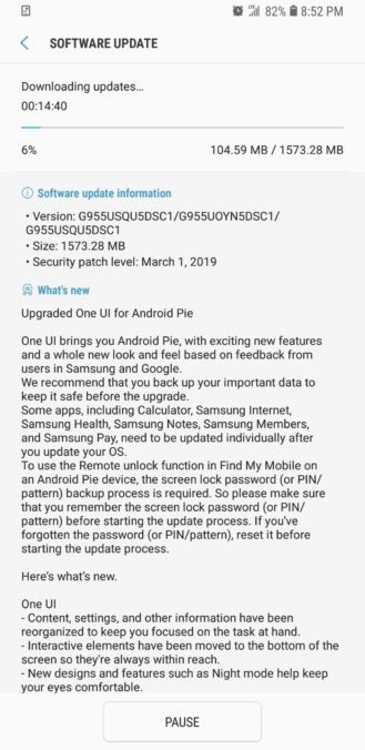 The Sprint Galaxy S8+ One UI update (Image source: Reddit)