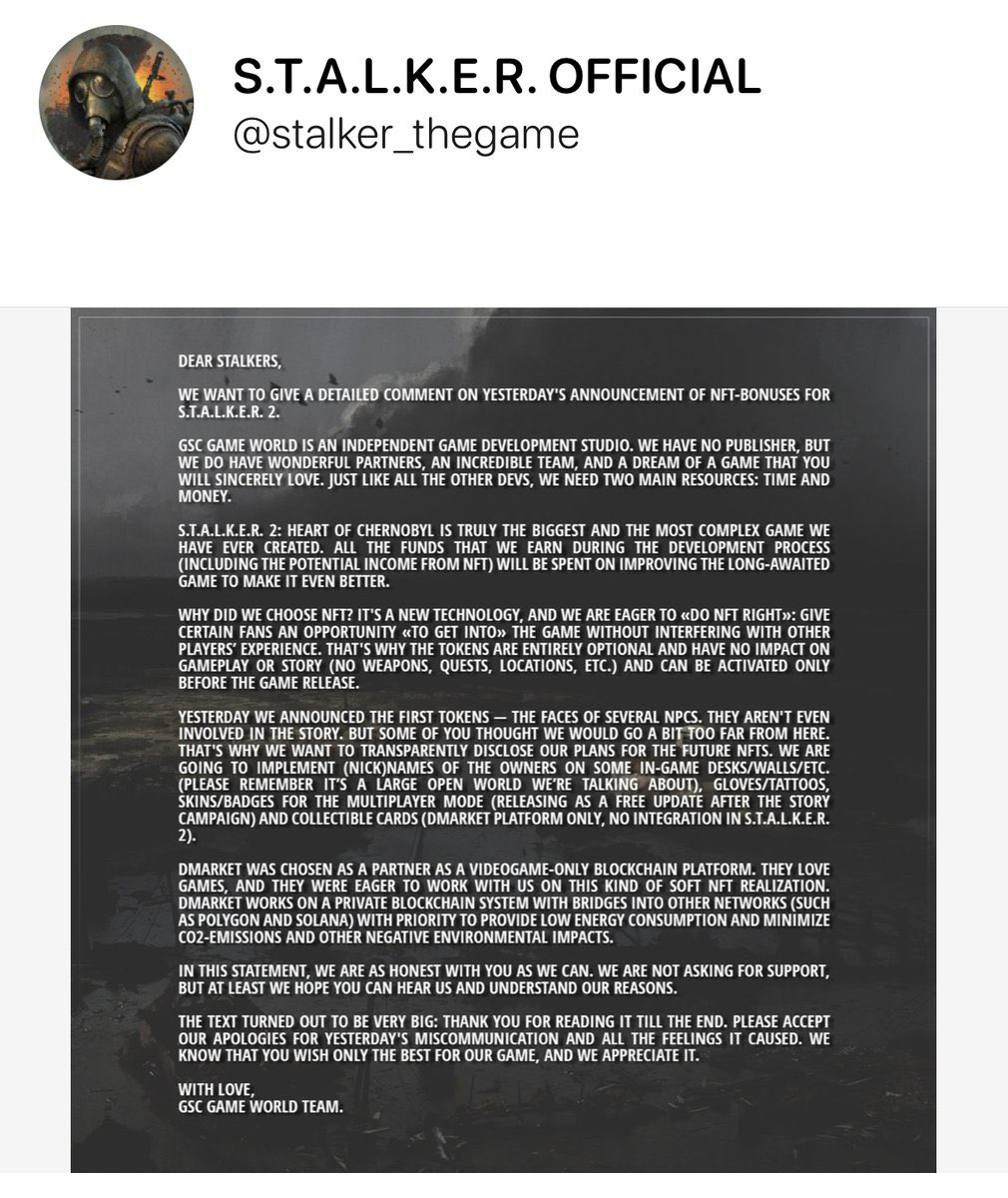 STALKER 2 developers abandon in-game NFT NPC plans after fans