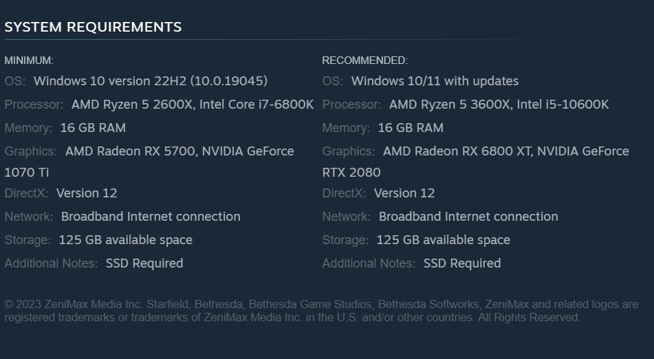 Starfield system requirements