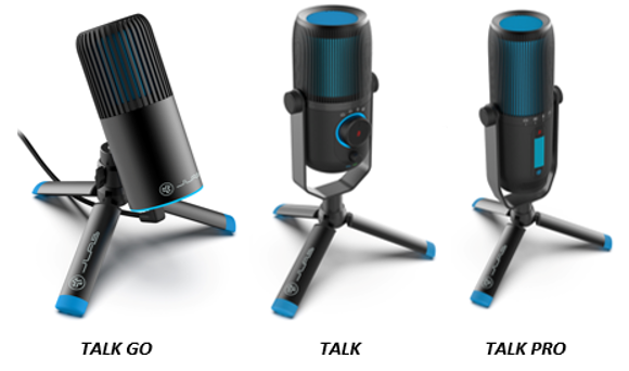 The new Talk series of mics are all finished in black with blue accents. (Source: JLab)
