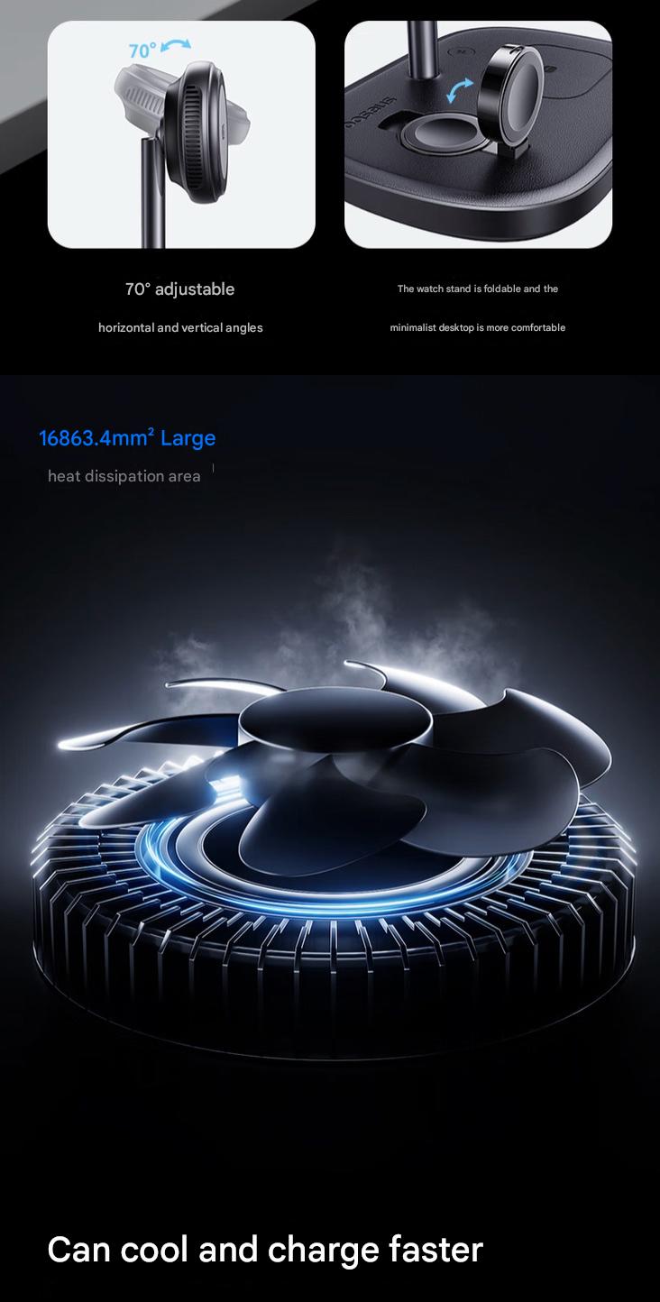 Adjustability features and cooling setup of the wireless charging stand (Image source: Baseus - machine translated)