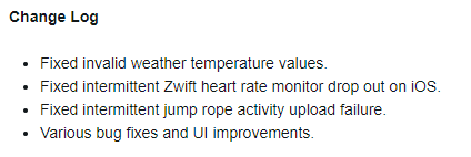 Garmin beta 版本 19.12 的更改日志。（图片来源：Garmin）