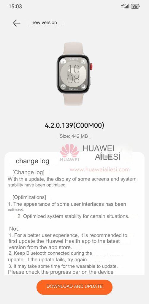 华为 Watch Fit 3 软件版本 4.2.0.139 的更新日志。（图片来源：华为Ailesi通过谷歌翻译）