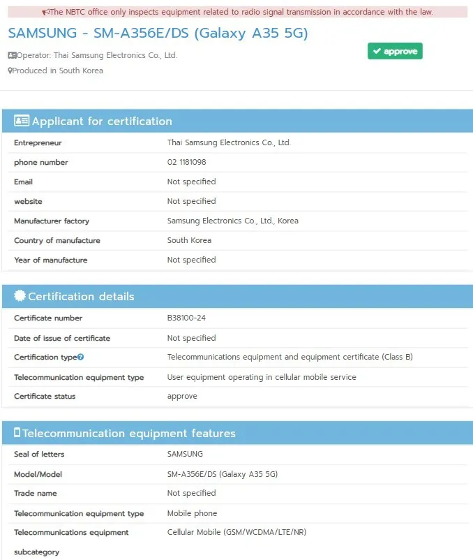 The Galaxy A35 5G is outed again in another new leak. (Source: NBTC via MySmartPrice)