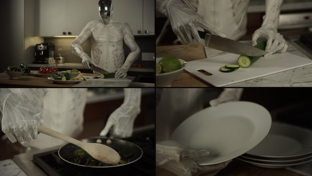 Stills of the Protoclone's second torso, with an actuated abdomen setting it apart from its predecessor, displaying its human-like potential in the kitchen. (Image Source : Clone Robotics)