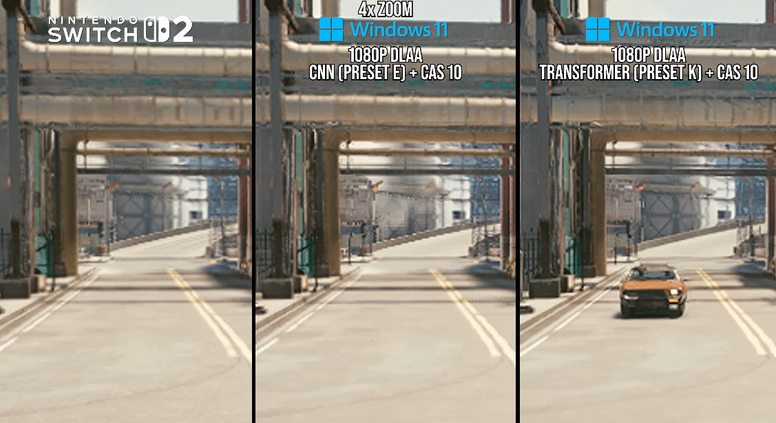 Side by side comparison of DLSS models on Cyberpunk 2077