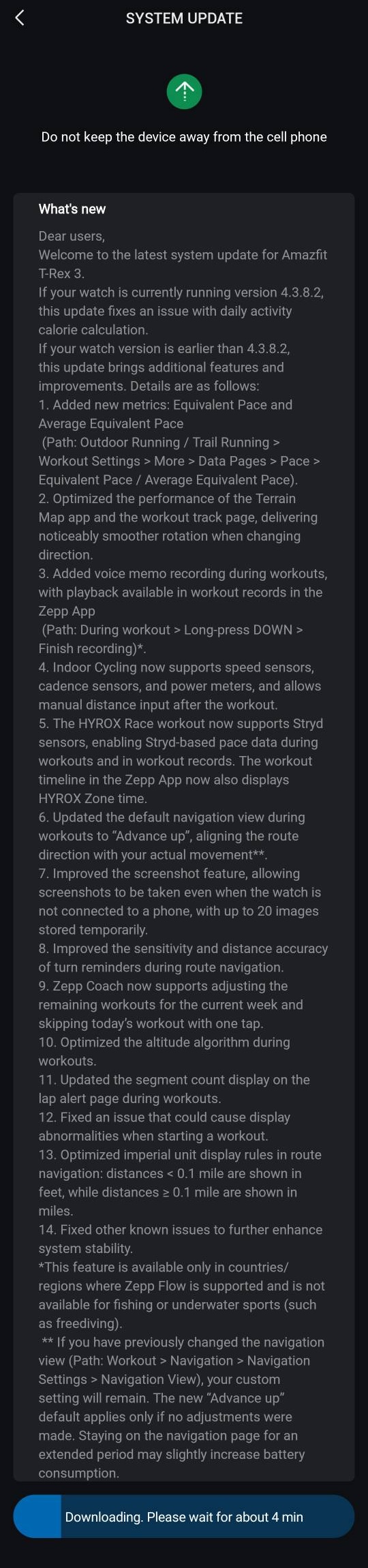The change log for software version 4.3.8.4 for the Amazfit T-Rex 3 smartwatch. (Image source: Deepesh Kumar via Amazfit T-Rex 3/3 Pro Facebook Group)