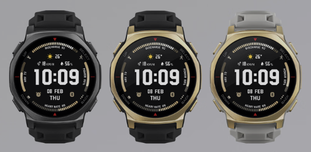 From left to right: the Onyx Black, Black Gold and Arctic Gold versions of the Amazfit T-Rex 3 Pro 44 mm smartwatch. (Image source: Amazfit)