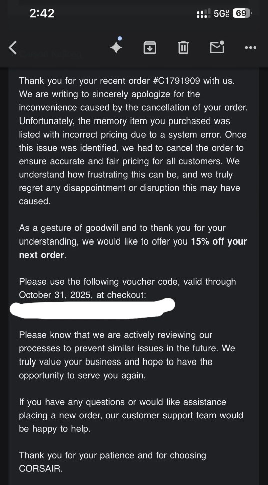 Email sent to customers by Corsair. (Image Source: u/DynaPoint on Reddit)