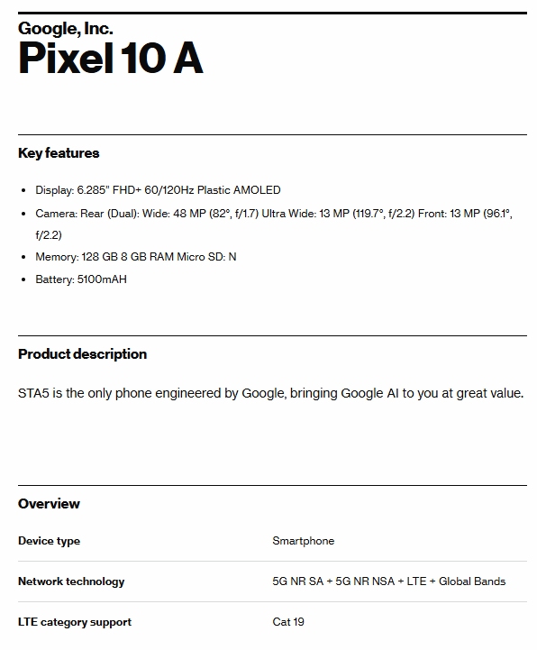 Alleged Google Pixel 10a certification on Verizon (Image source: Evan Blass)